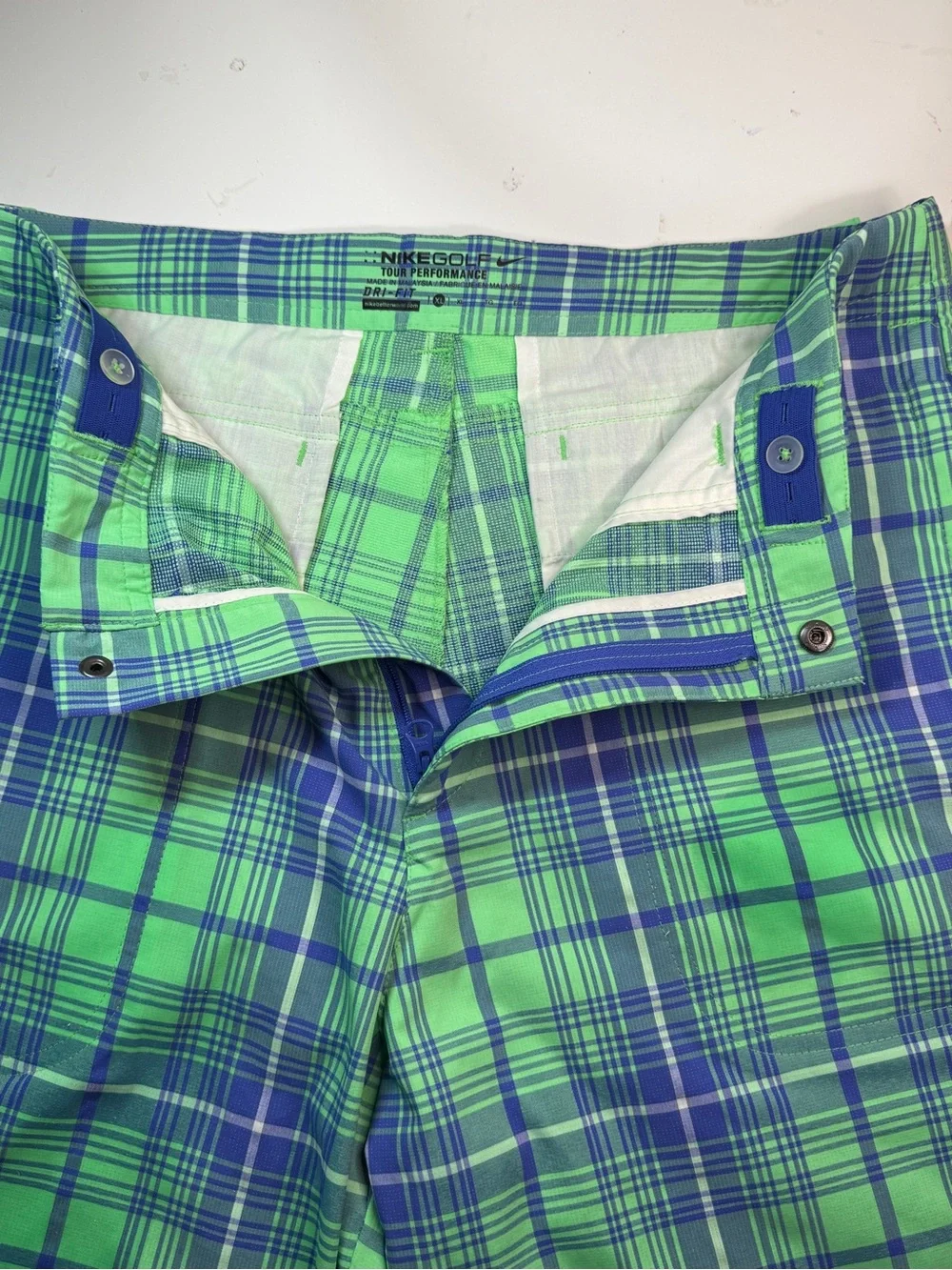 Nike Golf Tour Performance Plaid Preppy Classic Club Shorts XL Lime Green Blue